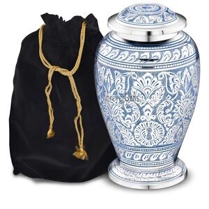 Blue Jali Urn Decorative Handmade engraved Urn with Black Velvet Bag
